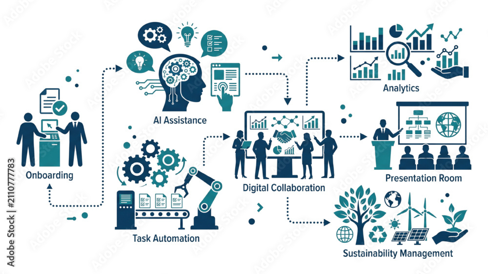 Fototapeta premium Exploded AI Office Workflow System with Modular Automation, Digital Collaboration and Sustainable Workspace Management Vector