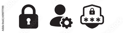 Three black showing a closed padlock, a user profile with a gear, and a security shield with a password field on a white background, for ui