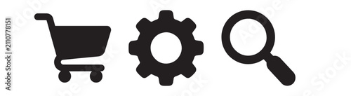 Three black showing a shopping cart, a mechanical gear, and a magnifying glass on a white background, for e-commerce and, website user interface
