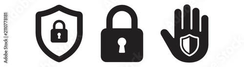 Three black showing a shield with a padlock, a closed padlock, and a human hand with a shield, isolated on a white background, for security concepts