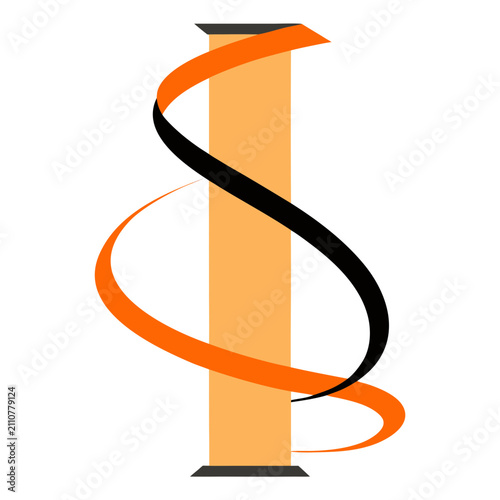 Abstract pillar column with double spiral orange and black ribbons for architectural design or industrial structure concept representation.