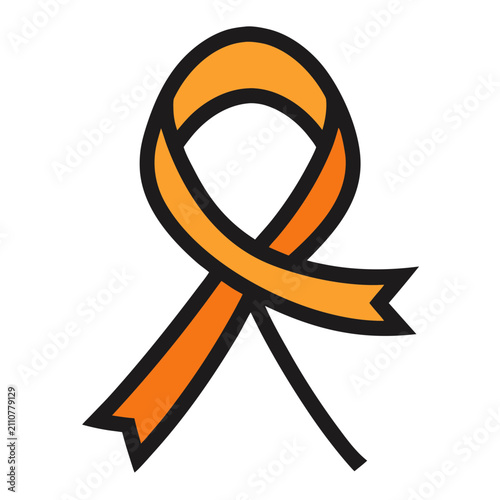 Orange awareness ribbon icon with black outline for support symbol of leukemia multiple sclerosis or kidney cancer medical campaigns.