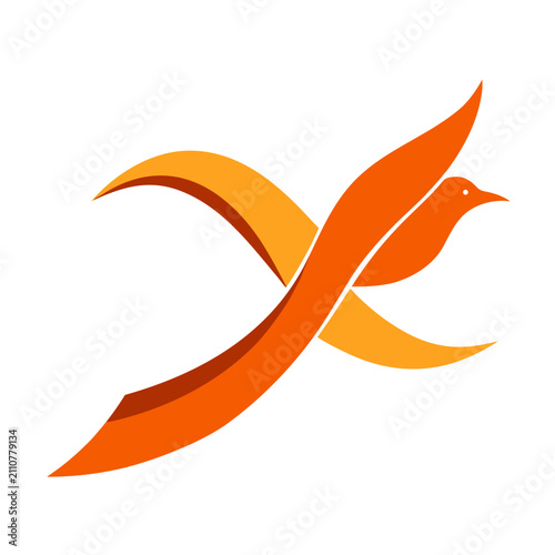 Stylized abstract bird composition featuring vibrant orange layered shapes creating dynamic motion effect on neutral grid background pattern.
