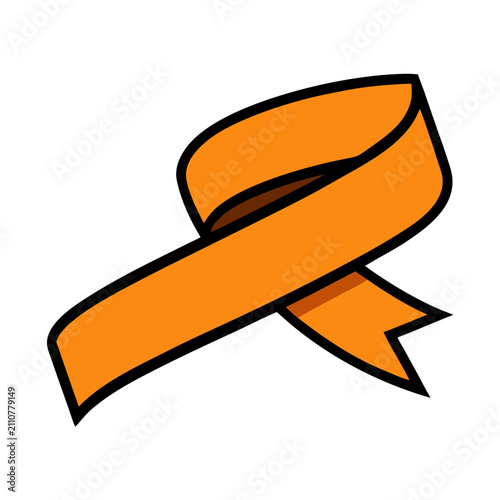 Classic awareness ribbon design rendered in bold orange color with dark outline and shadow effect isolated on professional background surface.