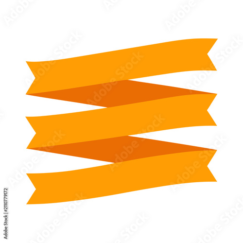 Folded ribbon strip in orange shade created with layered segments for decorative elements or promotional banners on empty backdrop.
