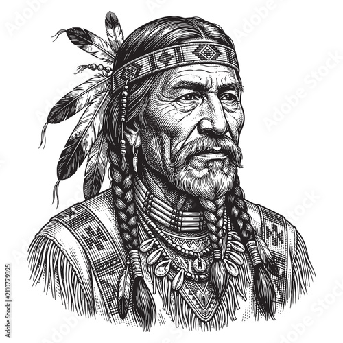 Photos Detailed vintage engraving style illustration of a Native American chief in full