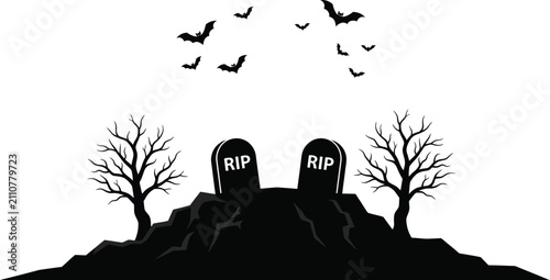 Photos Gravestone Silhouette With Bats And Bare Trees White Background
