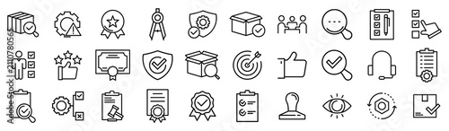 Quality Assurance and Verification Line Icon Set with Audit, Compliance, Approval and Business Evaluation Symbols