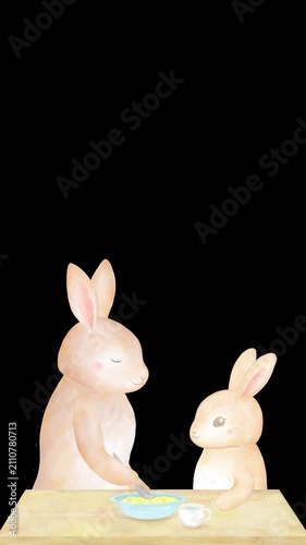 ダイニングテーブルでうさぎの子供にスープを食べさせるうさぎの親の 縦型ループアニメーション。育児・食事の大切さを表現したアルファチャンネルのビデオ。