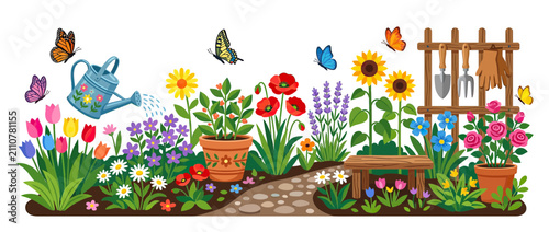Colorful Garden Scene with Butterflies and Watering Can