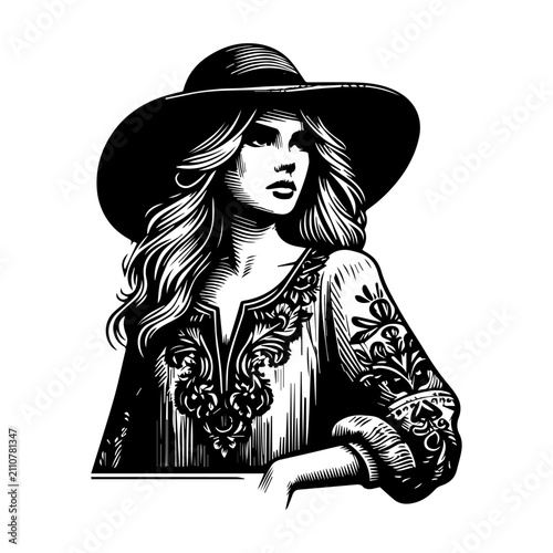 Black and white illustration of a beautiful woman wearing a wide brimmed hat and embroidered clothing.