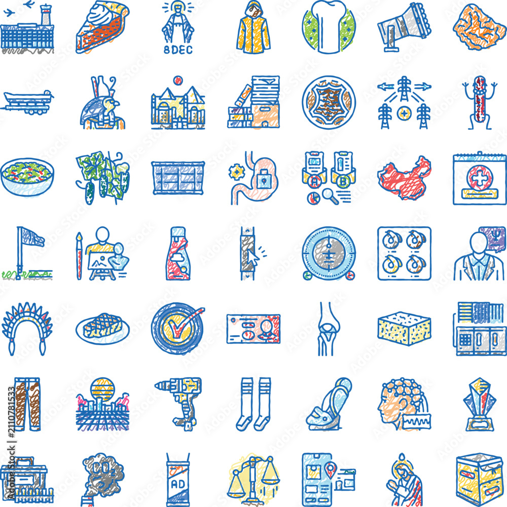Fototapeta premium Colorful hand drawn doodle icon set showing diverse concepts, symbols, objects and people for web and print use on a clean white background, playful and versatile design