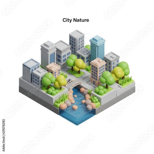 Isometric City Nature Illustration with Buildings, Trees, River, and Bridge.