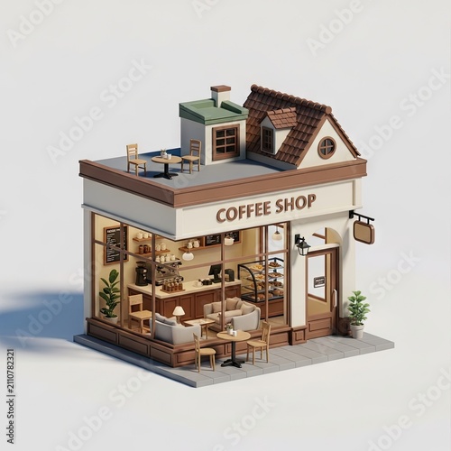 Charming Miniature Coffee Shop Model with Detailed Interior and Exterior.
