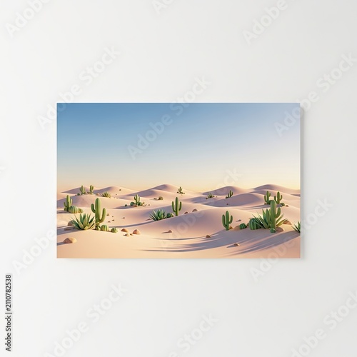 Vibrant Desert Landscape with Cacti and Sand Dunes at Sunset.
