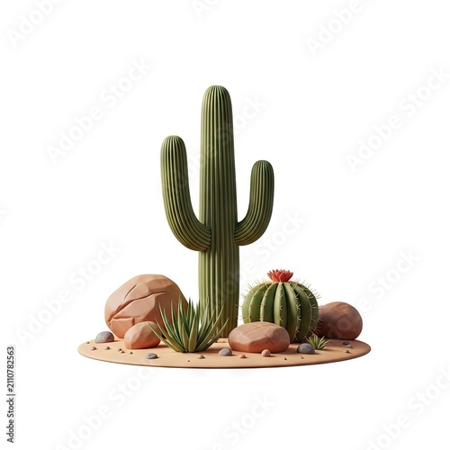 Desert Landscape with Saguaro Cactus and Rocks on White Background.