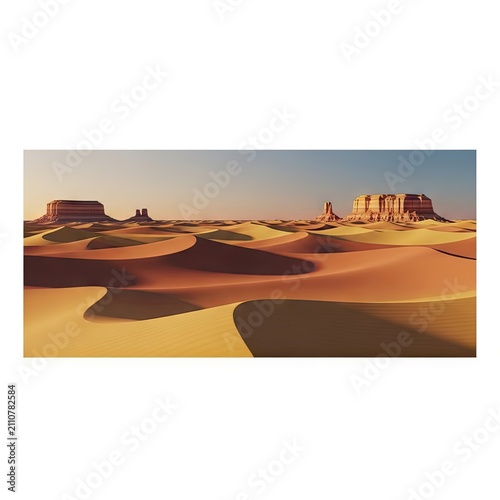 Vast Desert Landscape with Towering Rock Formations and Sweeping Sand Dunes Under a Clear Sky.