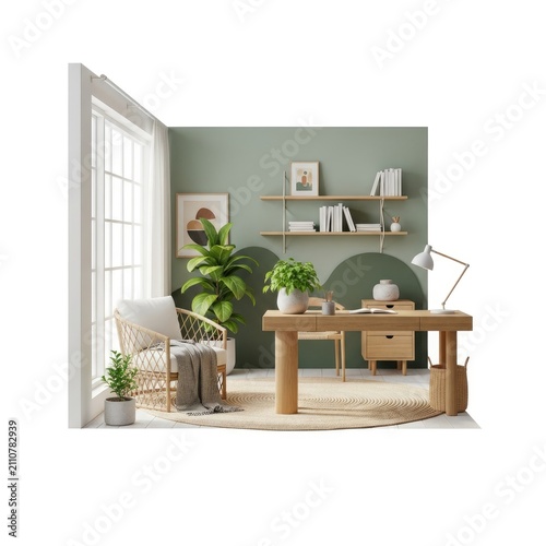 Stylish Home Office Interior with Green Walls and Wooden Furniture.