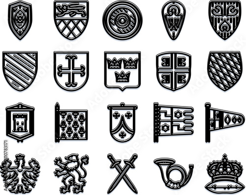 Принти на полотні Collection of stylized medieval heraldic symbols and royal regalia, featuring cr