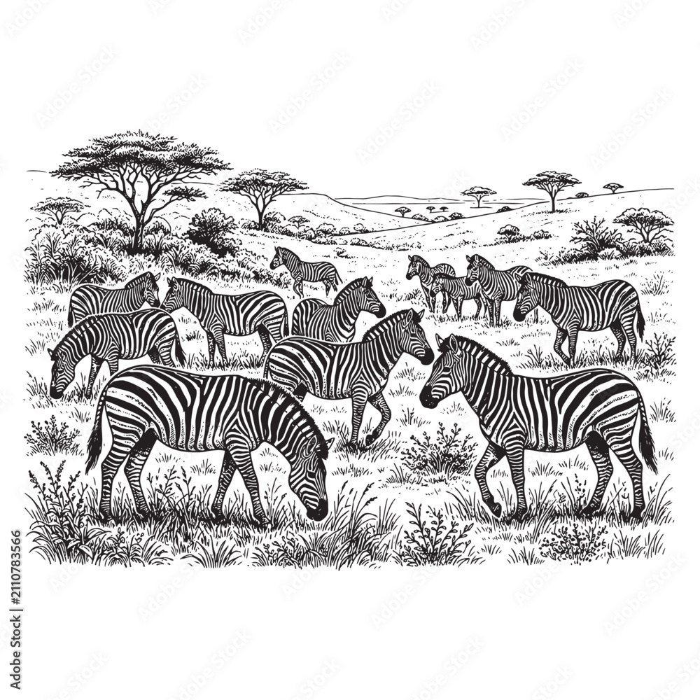 Obraz premium Zebras Grazing in African Savannah Vintage Engraving