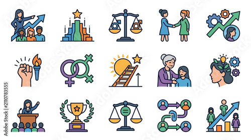 Dynamic Illustrations of Gender Equality Leadership and Career Growth with Diverse Icons and Symbols