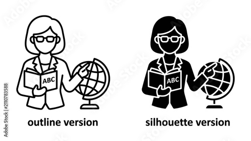 Teacher Icon: An illustration depicting a teacher holding a book and a globe, available in both outline and silhouette versions, symbolizing education and knowledge.