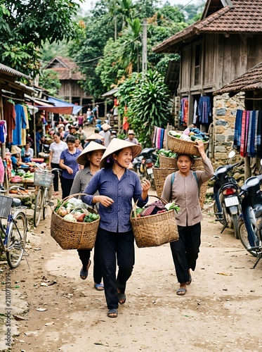 Women carrying baskets in a vibrant Asian market scene.