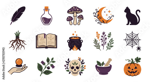 Dynamic Halloween and Witchcraft Themed Icons Set with Feathers Potions Mushrooms Cats and More in Vibrant Colors