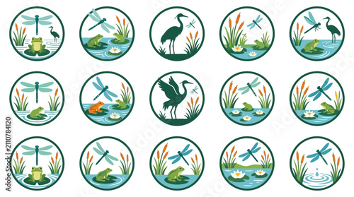 Dynamic Illustrated Collection of Wetland Wildlife Frogs Dragonflies Herons and Lush Marsh Scenes in Vibrant Blues and Greens