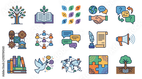 Dynamic Illustrated Icons Set Featuring Educational Cultural and Global Communication Concepts in Vibrant Colors