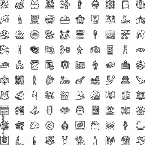Wide ranging set of linear icons illustrating a multitude of subjects and themes. Encompassing science. Health. Technology. Daily life. Food. Nature. And commerce. Ideal for web and print applications