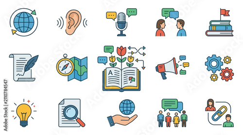 Dynamic Illustrated Icons Showcasing Global Communication Learning Innovation and Community Engagement