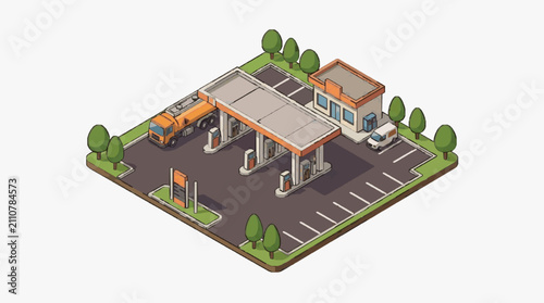 Modern Gas Station Parking Area with Fuel Pumps.