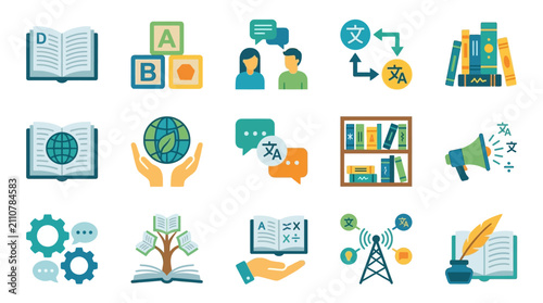 Dynamic Illustrated Icons Showcasing Global Education Language Translation Communication and Knowledge Sharing