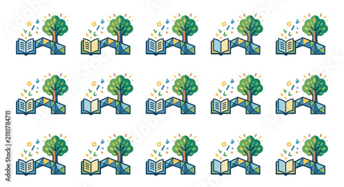 Dynamic Illustrated Set of Colorful Book and Tree Icons with Sparkles for Educational Nature and Learning Concepts