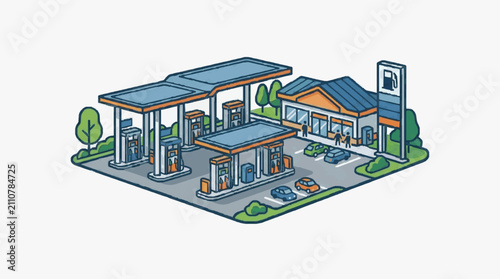 Modern Gas Station with Electric Vehicle Charging Hub.
