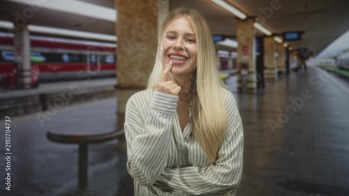 Woman blonde young touching lip with finger while smiling on train platform in building near marble pillars; cheerful wanderlust.