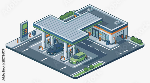 Modern Gas Station with Fuel Pumps.