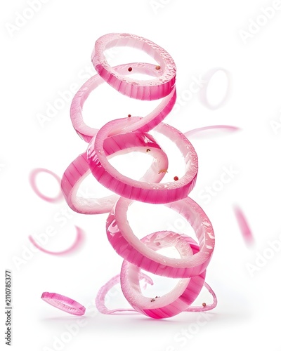 onion rings levitating cooking ingredient isolated on white background