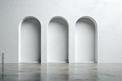 Minimalist Interior with Three White Arches and Concrete Floor