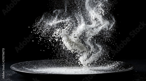 Fine Powder Dusting Falling on Dark Plate – Culinary Powder Cloud Motion Macro Photography
