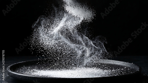 White Powder Dusting on Black Plate Macro – Ultra Fine Powder Cloud Mid Fall Frozen Motion