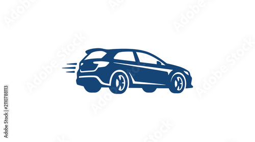 A minimalist blue icon of a fast moving hatchback car on a white background