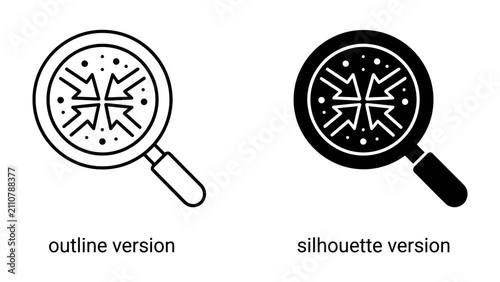 Magnifying Glass Focus: Two icons, an outline and silhouette version, depict a magnifying glass examining small particles and inward-pointing arrows, symbolizing analysis and focus.