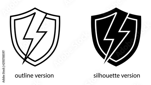 Shield with Lightning Bolt Symbol: Two versions, outline and silhouette, of a shield emblem featuring a lightning bolt, representing strength, power, or protection.