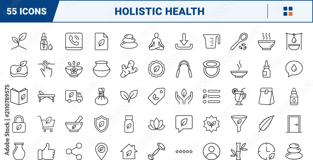 Obraz premium Ayurveda clinic line icon set. Vector pictograms of holistic health, herbal therapy, wellness treatment, and healthcare services elements, thin linear illustration.