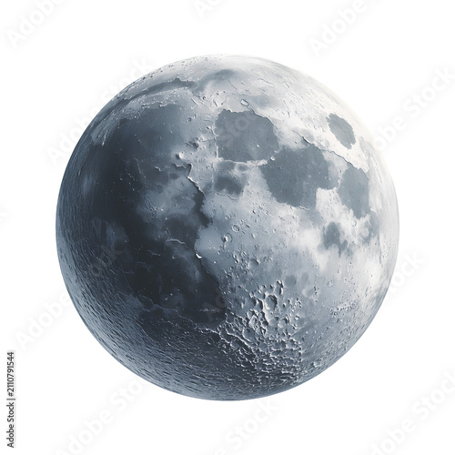 Moon planet displays realistic craters and grey rocky terrain.