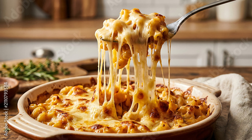 A Fork Lifting Gooey, Stringy Macaroni and Cheese From a Baked Dish