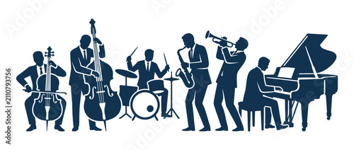 Принти на полотні Musicians Playing Instruments Silhouette, Jazz Band Performance