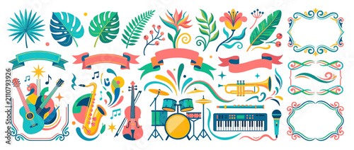 Photography Vibrant Musical Instruments and Tropical Leaves Collection